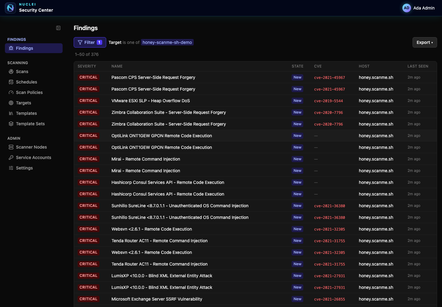 Nuclei Security Center findings page with a populated results table in dark mode.